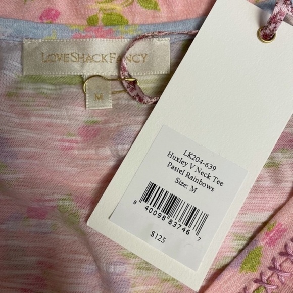 LoveShackFancy NEW Huxley Pastel Rainbows V-neck Short Sleeve Loose Fit Tee NWT - Picture 3 of 3